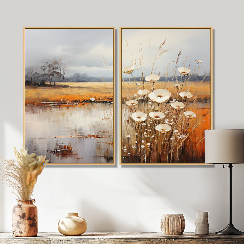 «Infinite Fields», art mural surdimensionné prairies IV, H 36 po x l 48 po, Impression encadrée flottante, Crème, crème