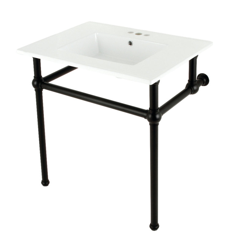 Kingston Brass Templeton 31-Inch Ceramic Console Sink with Brass Legs (4-Inch, 3-Hole), White/Matte Black