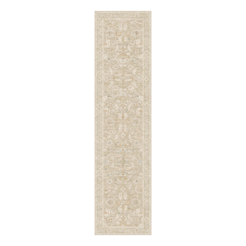 Tapis oriental lavable rétro Aurea avec envers antidérapant, Beige, Tapis de couloir 2 pi x 8 pi