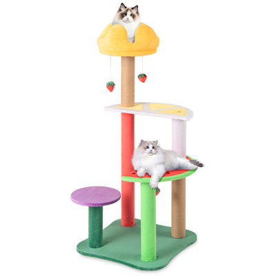 45'' Tall Cat Tree w/ Plush Padded Top Perch Fruit-Shaped Platforms Dangling Balls