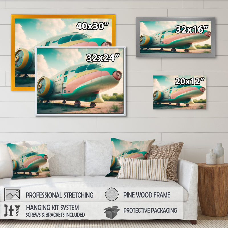 Rétro avion III - train de transport, art mural sur toile, L 20 po x H 12 po, Cadre flottant noir