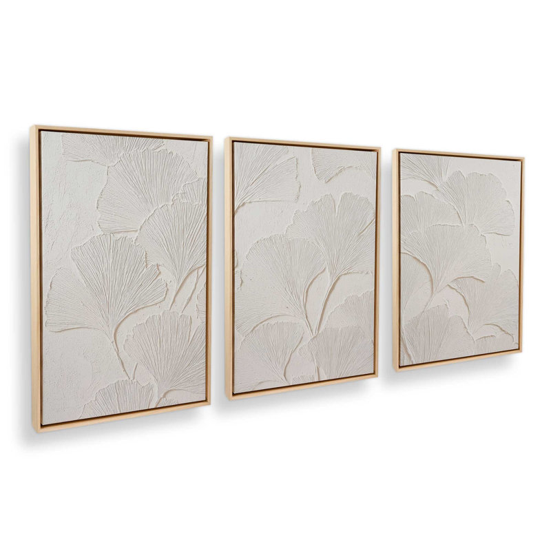 Ensemble de 3 impressions Ginkgo Whispers, 48 po x 32 po, Cadre flottant en érable américain