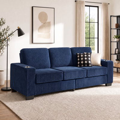  84.25" Modern Corduroy 3-Seater Sofa with Built-in Cup Holders - Living Room Couch