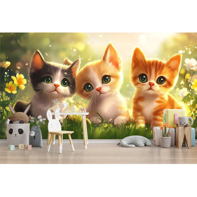 Adorable chatons dans un champ de fleurs, fond de chat mignon, scène de jardin pastel, décoration murale de bébé animal pour les amoureux des animaux de compagnie, impression d'art numérique
