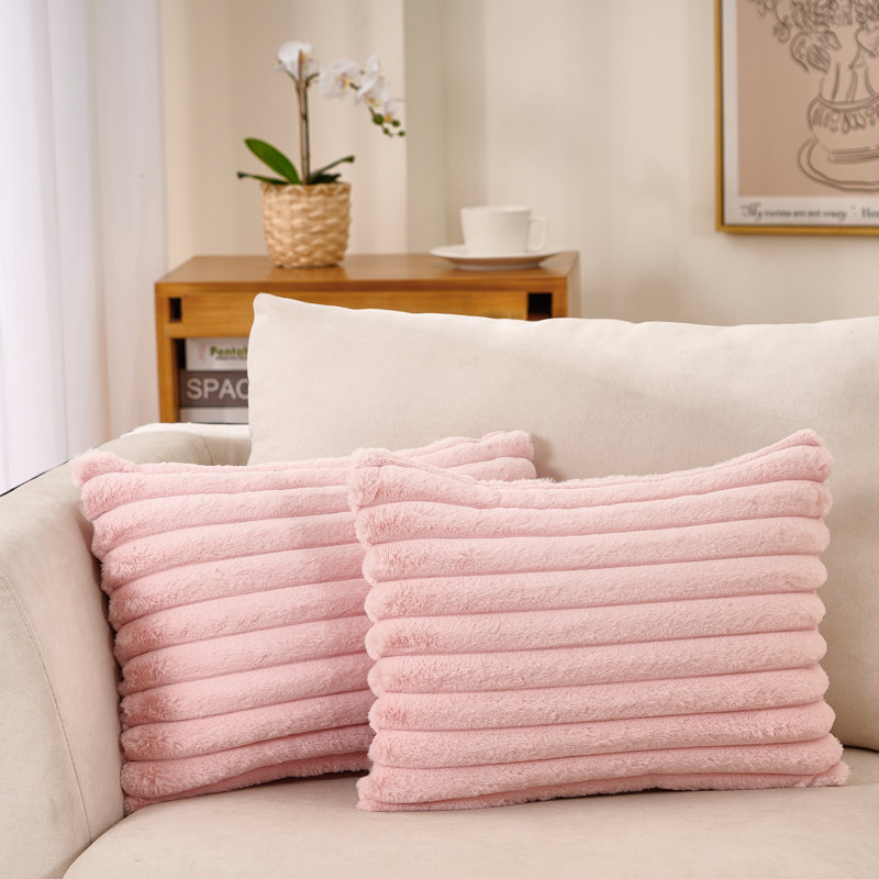 Striped Faux Fur Reversible Pillow Cover, Light Pink