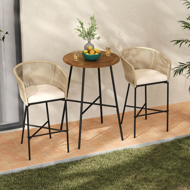 3 Pcs Rope Woven Patio Bar Set With Soft Cushions And Acacia Wood Tabletop