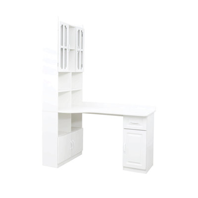 Bureau d'ordinateur d'angle en L pour bureau à domicile ou bureau d'étude, table d'étude de style moderne avec tiroirs, bibliothèque et huche, conception en L 2 en 1, grand espace de travail