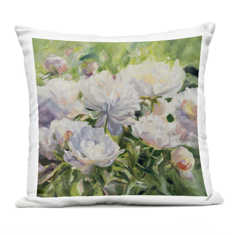 Coussin d'extérieur à motif de pivoines impressionnistes, design par Katrina Pete