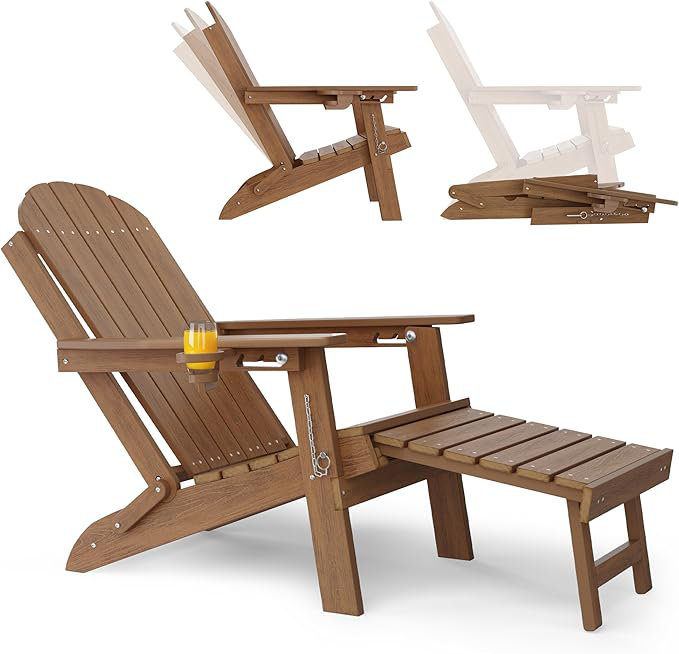 Chaises Adirondack pliantes toutes saisons avec repose-pieds, dossier réglable et 1 porte-gobelet pour l'extérieur, Brun