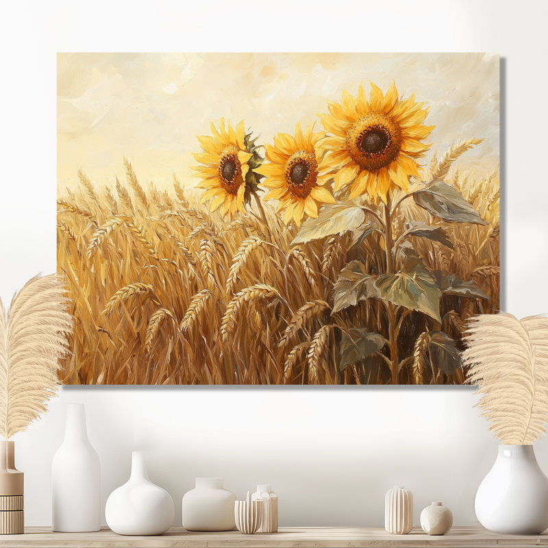 Toile de Donhang, tournesols dans un champ de blé II, H 16 po x l 32 po, Toile tendue, Ne pas appliquer