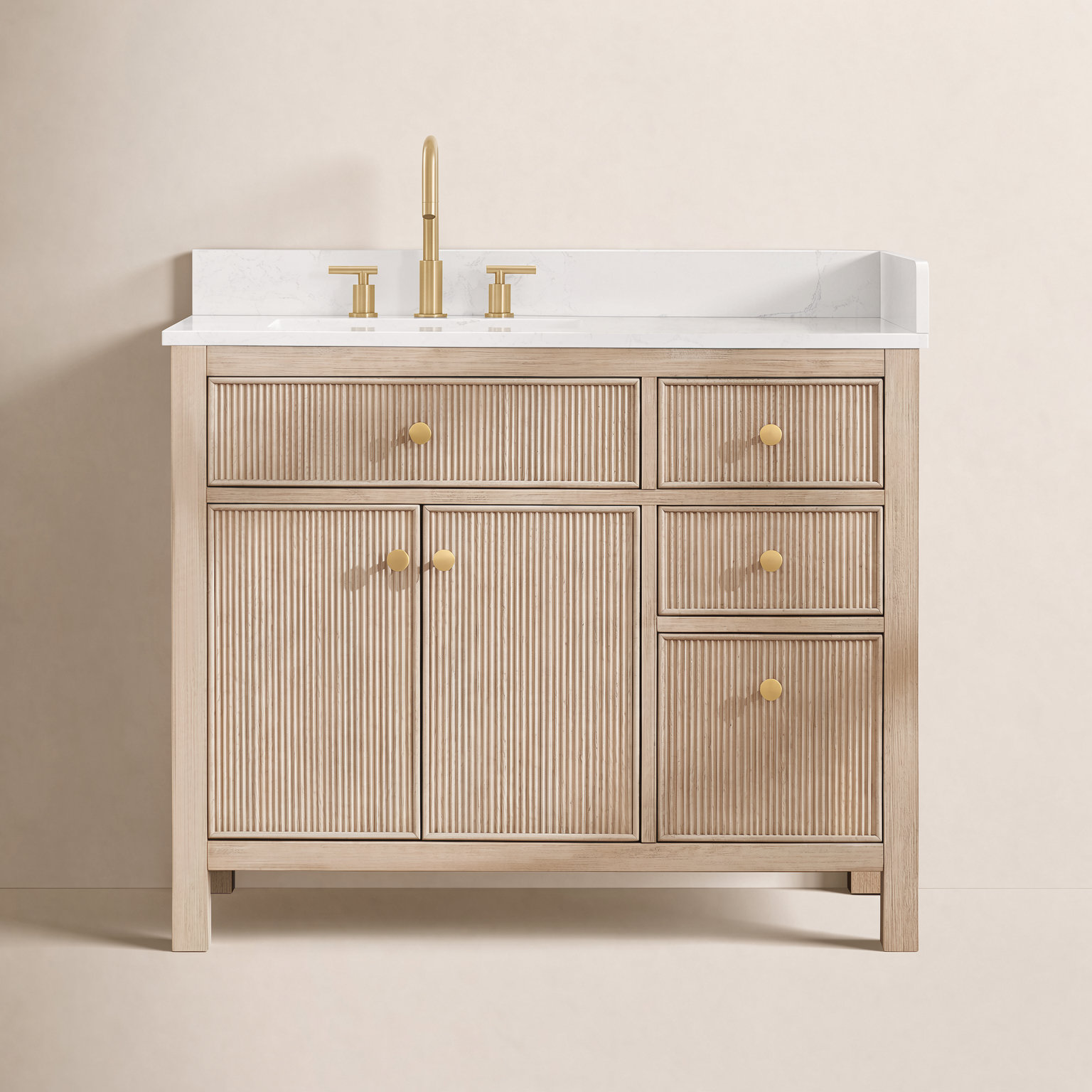 Lala 42" Single Bathroom Vanity with Grain White Engineered Stone Countertop without Mirror, Natural Oak
