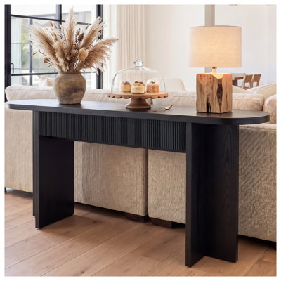 OMCHOM, console de style Mid-Century de 63 pouces avec 2 tiroirs, canapé d'entrée cannelé noir