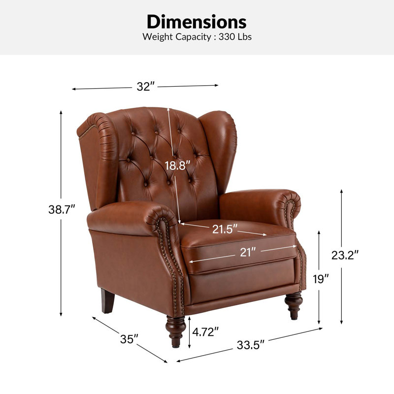 Amyri 33" Wide Genuine Leather Wingback Armchair with Button-Tufted, Brown Genuine Leather