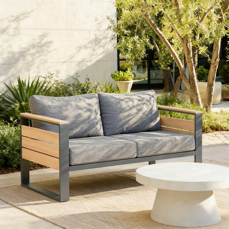 Aluminum Outdoor Patio Loveseat, All-weather 2 Seater Patio Sofa With Thick Olefin Cushions & Wide Armrest For Garden, backyard, porch, gray