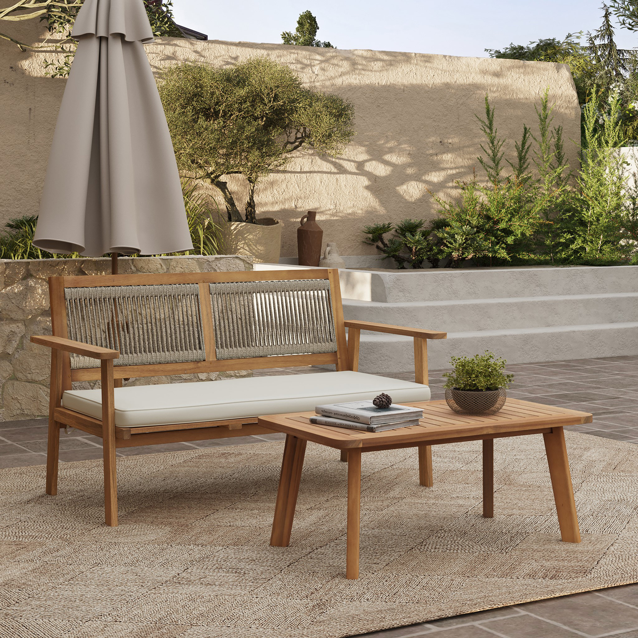 Outdoor Acacia Wood Rope Back Loveseat with Cushions and Coffee Table Set (Set of 2)