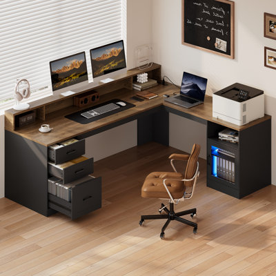 Bureau de direction en L de 63 po avec tiroirs de rangement et armoire en verre, bureau d'angle avec station de charge et support pour écran