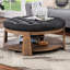 Repose-pieds capitonné de style transitionnel à assise profonde en lin avec tablette ouverte ton naturel / gris foncé | Structure en bois | Noyer brun