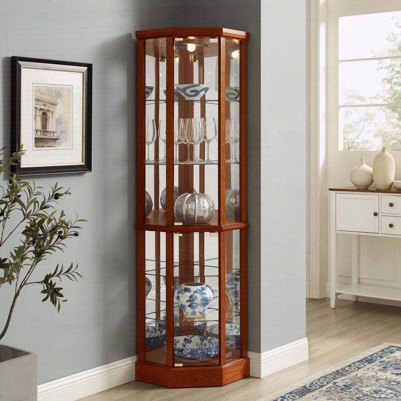 6-Shelf Lighted Corner Curio Cabinet with Tempered Glass Shelves, Oak