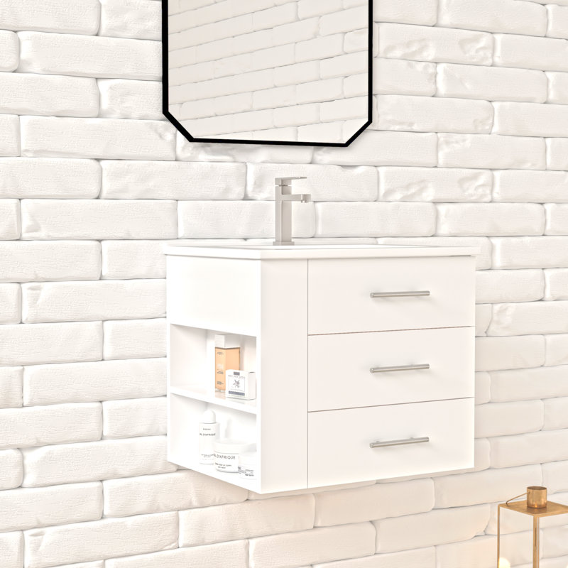 Aurilla 24 in. Single Sink Wallmount Bath Vanity with White Ceramic Countertop in Matte White with Left Side Shelf