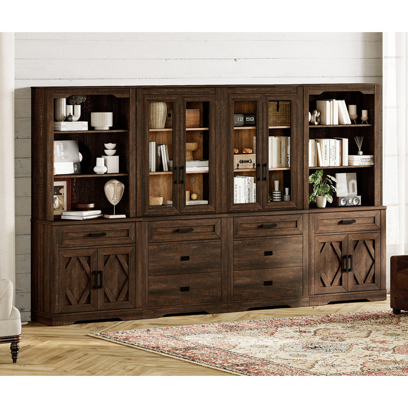 4 Column 5 Tier Bookcase With Drawer,73.3" Tall Floor Standing Bookshelf,Modern Farmhouse Display Storage Cabinet With Adjustable Shelves For Living Room,Espresso Brown