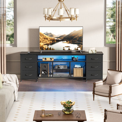Modern TV Stand for TVs up, LED Entertainment Center with Power Outlets and 6 Drawers, Media Console with Storage for Living Room
