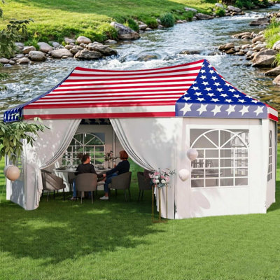 Tente de réception robuste pour mariages et fêtes, 6,80 m x 5 m, avec 2 portes et 6 fenêtres.