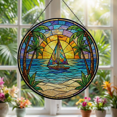 7.8"H Tropical Sunset Stained Glass Window Panel