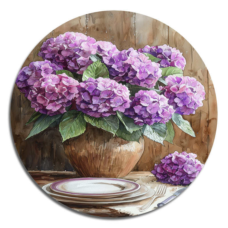 Bouquet d'hortensias à la ferme II - hydrangées, art mural rond en métal, H 36 po x l 36 po