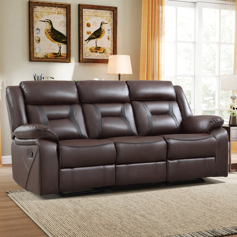 Etherine 84.6" W Vegan Leather Manual Reclining Sofa with Pillow Top Arms, Chocolate Brown