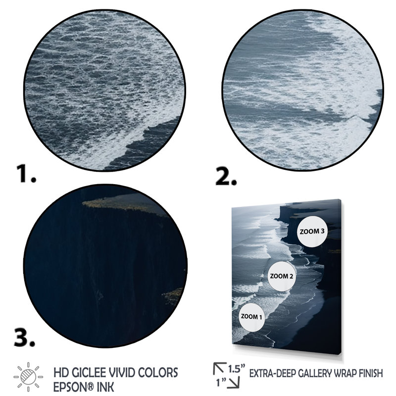 Vue aérienne de la plage de sable noir I - plage et océan, art mural, Cadre photo noir simple, H 44 po x l 34 po x P 1,5 po