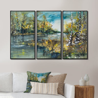 " Birch Forest River " 3 - Pieces Painting Print