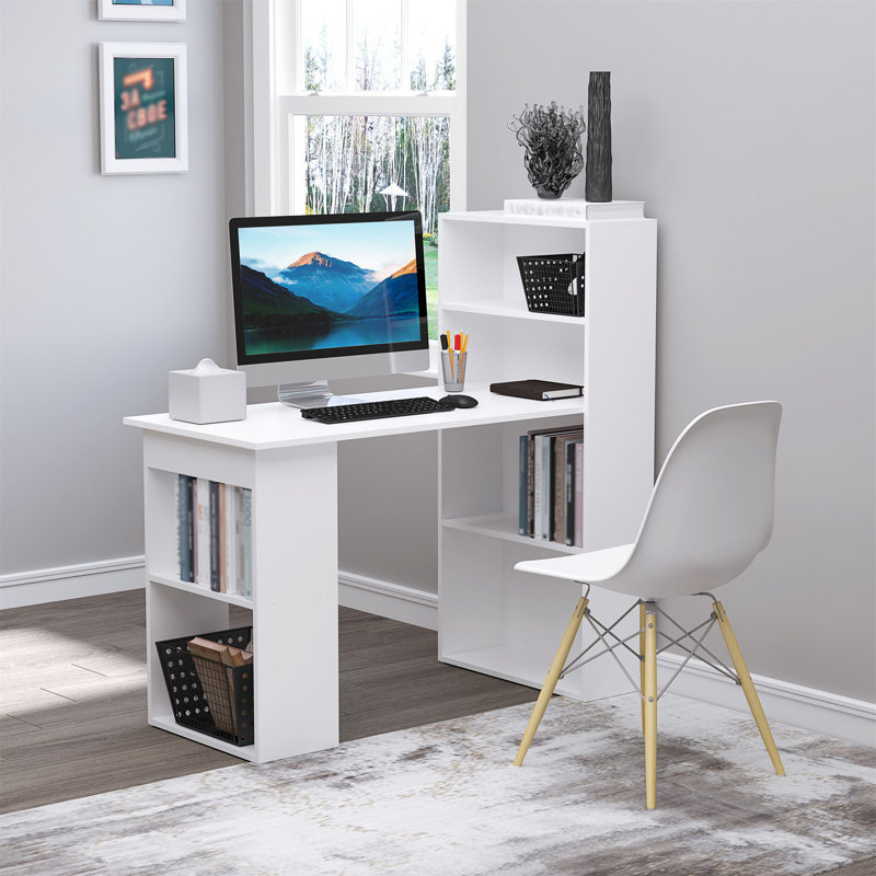 Ternes 47" Writing Table with Bookshelf, Desk with 6-Tier Storage Shelves, White