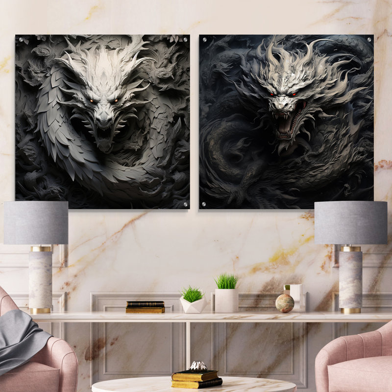 Dragon chinois noir et blanc - ensemble de 2 verres en acrylique, H 36 po x l 73 po