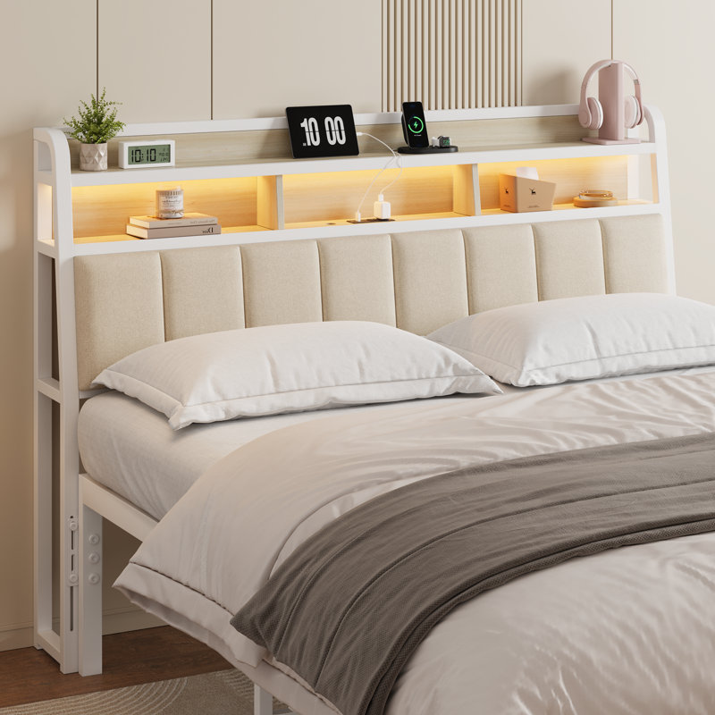 Upholstered Headboard With Built-In Outlets, LED Light & 2-Tier Storage, Adjustable Height, Ergonomic Design, Sturdy Frame