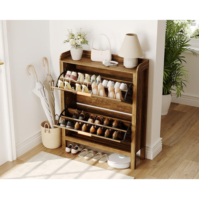 Rattan Shoe Cabinet, Farmhouse Entryway Organizer with 2 Flip-Down Drawers & Adjustable Shelves, Brown