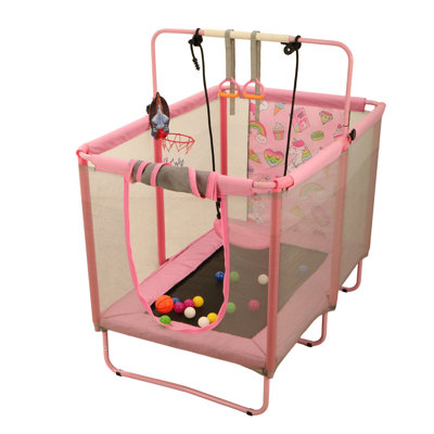 6‑in‑1 Indoor Outdoor Trampoline With Safety Net, Adjustable Basketball Hoop, Gymnastics Bar and Swing Ring, Multi‑Function Play Equipment