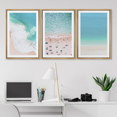 Nautical Beach Clear Ocean Waves Coastal Pictures Framed Canvas Beachy Photo Print Wall Art Set 3