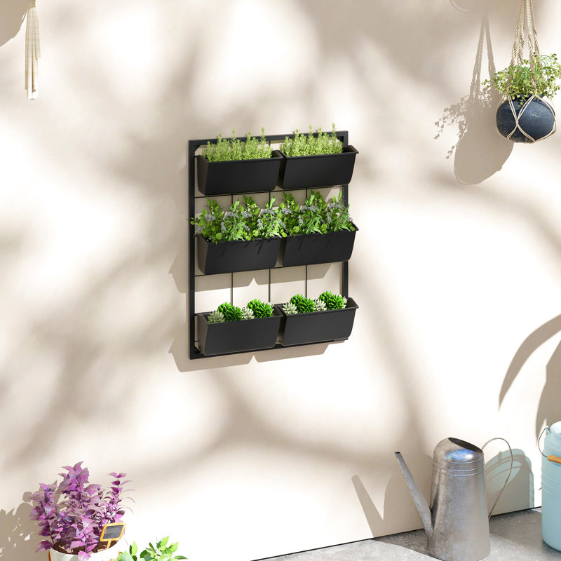 Jardinière murale noire avec 6 contenants - 3 pots à vider pour les légumes, les fleurs et les herbes