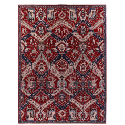 Tapis oriental bleu marine / rouge en laine noué à la main 8 pi 10 po x 11 pi 11 po