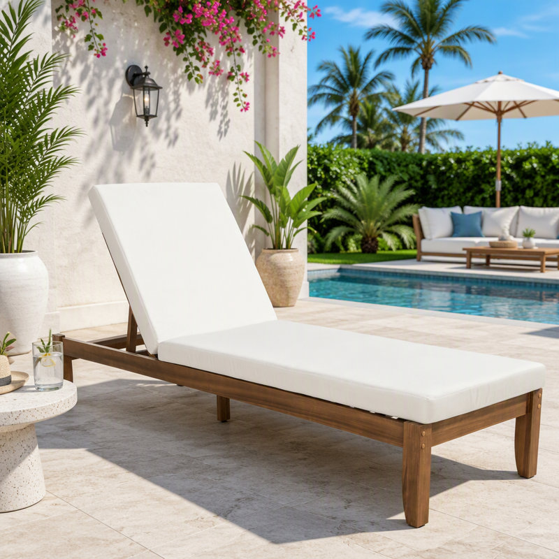 Chaise longue d'extérieur réglable avec coussin imperméable, L 24,8 po, Beige, noyer