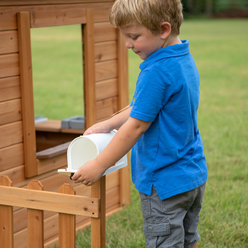 Aspen Cedar Wooden Playhouse with White Trim and Accessories