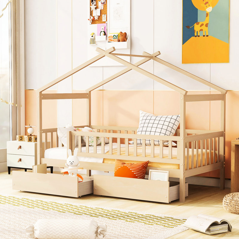Lit simple en bois pour lit simple - rangement à deux tiroirs, fabrication en bois, naturel, têtes de lit incluses avec finition naturelle unie,