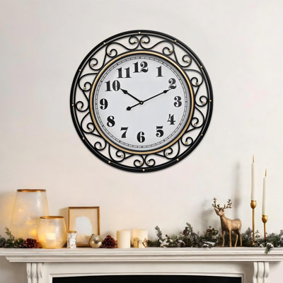 24 Inch Vintage Iron Metal Frame Wall Clock Silent, Battery Operated, Elegant Retro Decor for Living Room, Kitchen, Office, Dining Room, and Bedroom