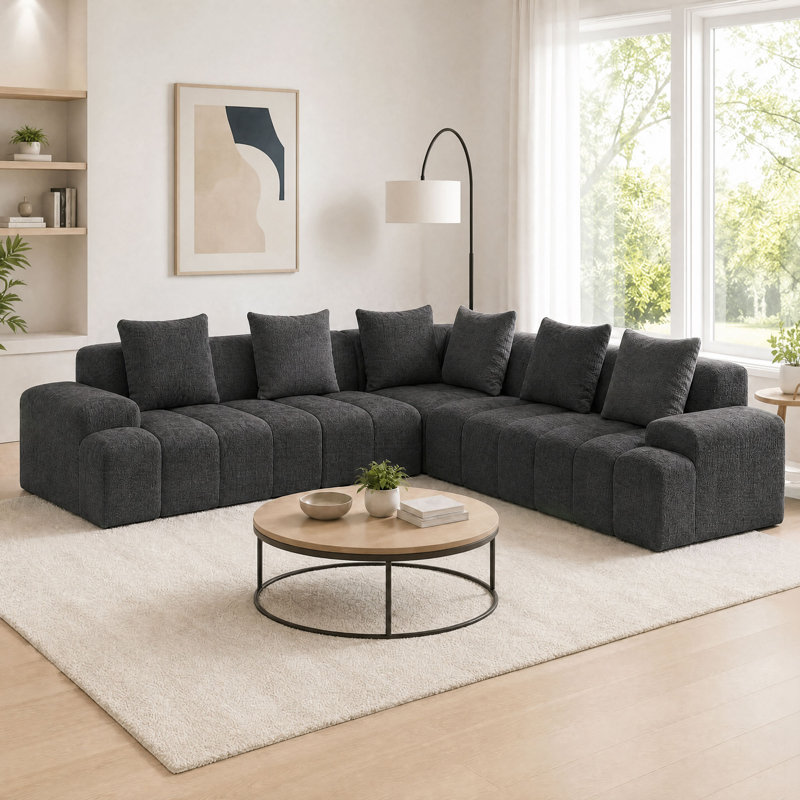 Canapé modulaire rembourré en L 3 pièces sans cadre en L de 108 po avec 6 coussins décoratifs, sans assemblage requis
