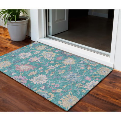 Tapis extérieur lavable floral bleu sarcelle et ivoire 3 pi x 5 pi