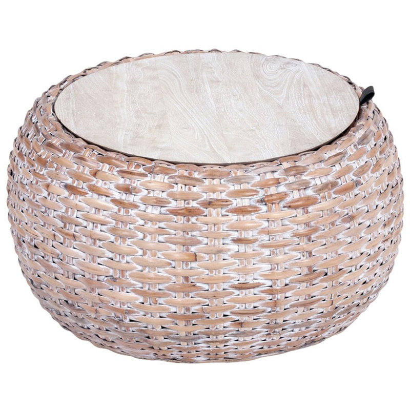 Natural White Wash Wood and Rattan Round Coffee Table