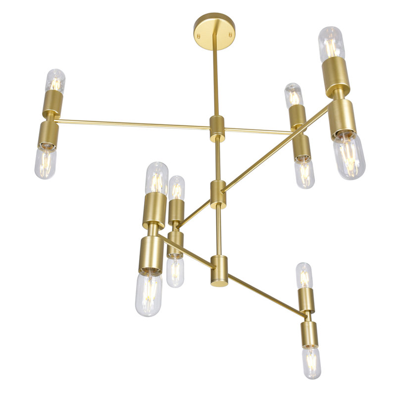 34'' Modern Industrial 12-Light Chandelier in Medallion Gold – Adjustable Arms – E26 Base, LED Compatible