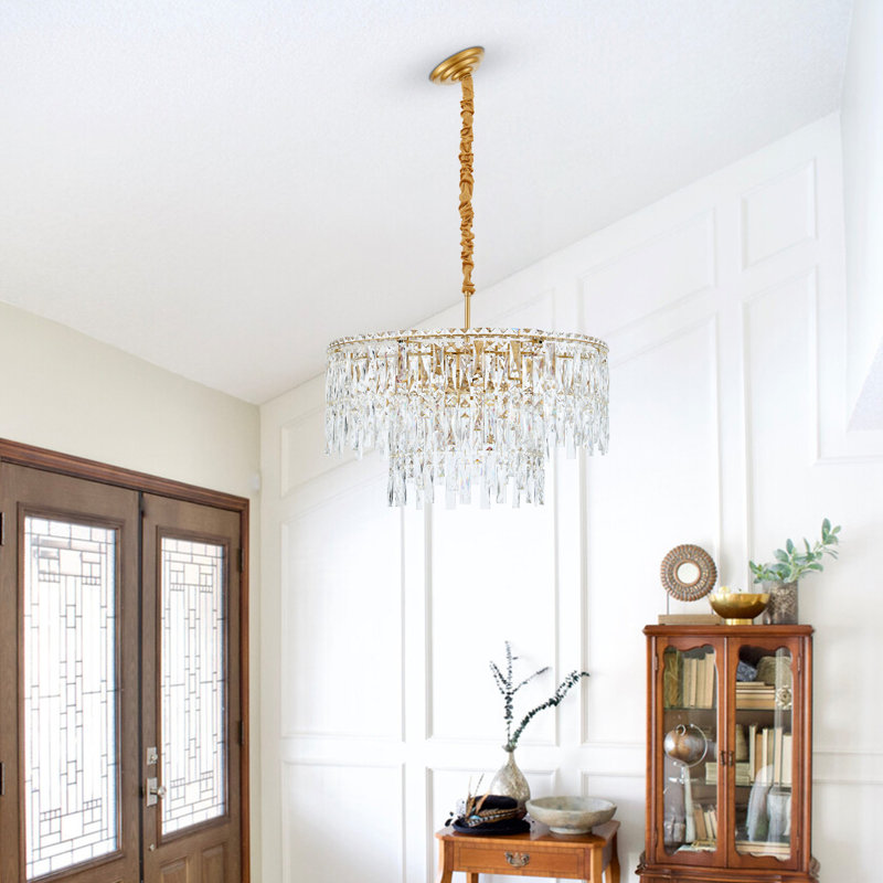 Modern 10-light 2-tier Gold Tassel Crystal Chandelier Adjustable Height For Living Room Entryway With No Bulbs Included