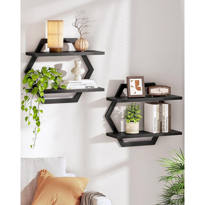 Floating Shelves For Wall, Set Of 2, 2 -Tier Hanging Shelves, Wall Mounted Storage Shelves, For Living Room, Bedroom, Kitchen, Home Office, Study, Black TBJ06P2BB