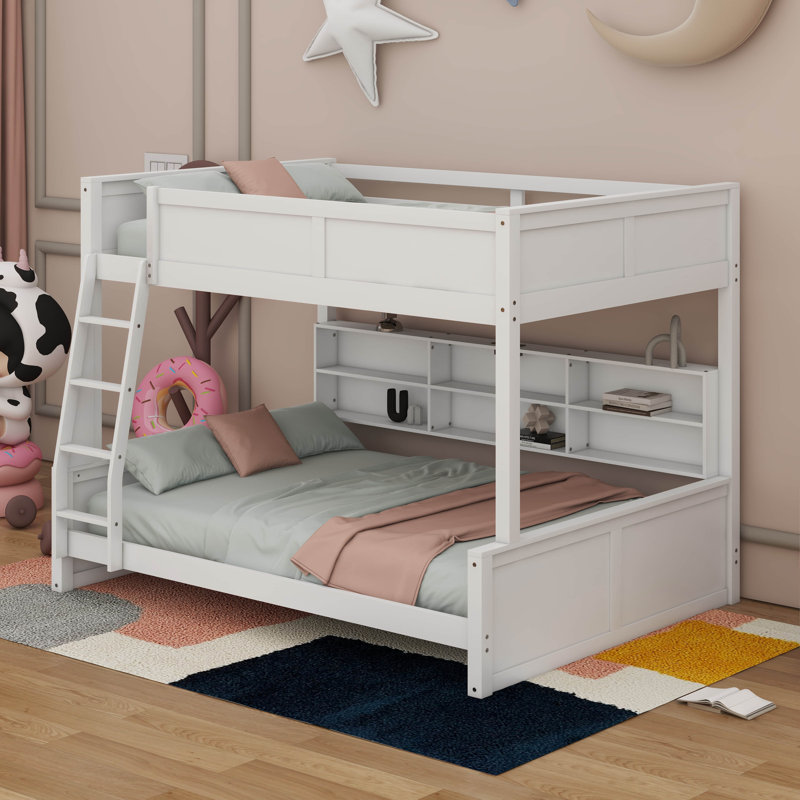 Bunk Bed With Storage Cabinets And USB Ports, Antique White, Full XL over Queen